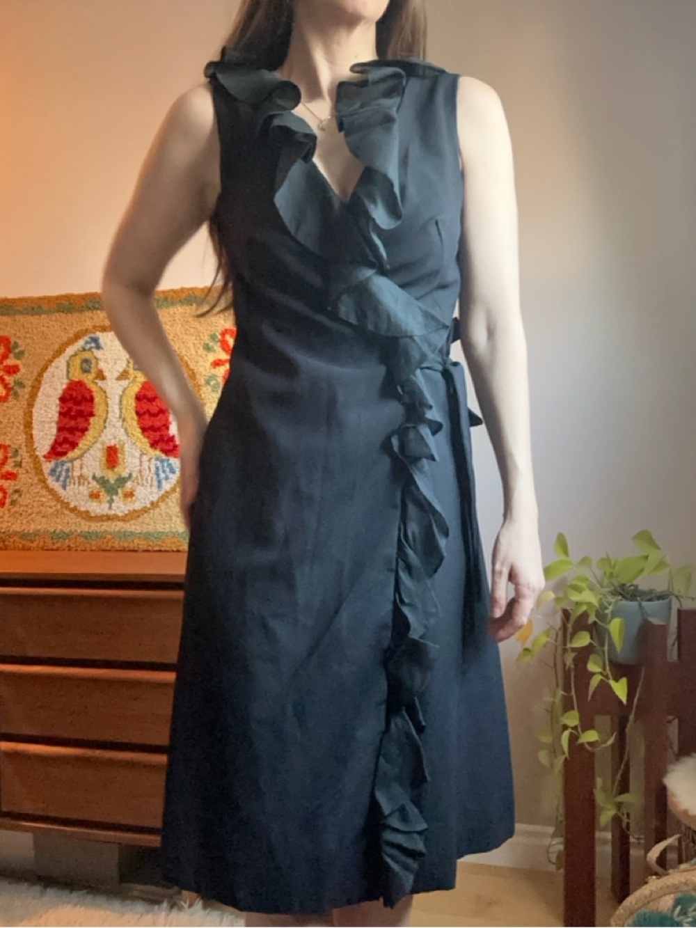 Vintage Sleeveless Black Ruffle Wrap Dress Size Medium